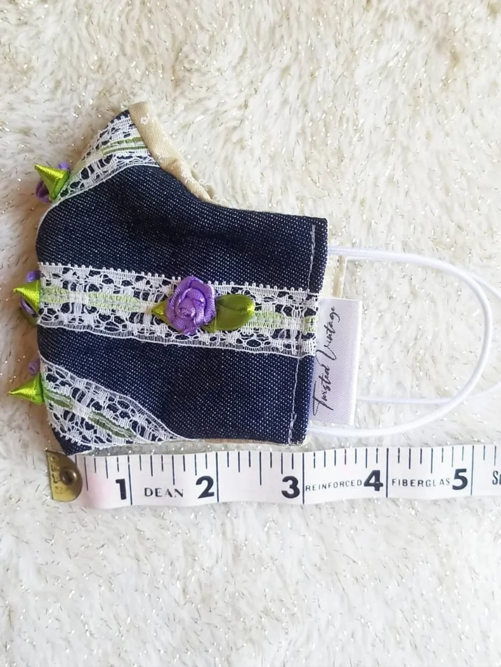 Handmade Little Flower Girl Denim Lace Mini Purple Roses Face Mask 5T